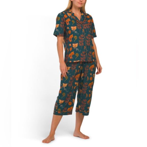 THEIR NIBS S-XL Dark Blue Orange Autumn Cotton Short Sleeve Crop Pants PJ Set